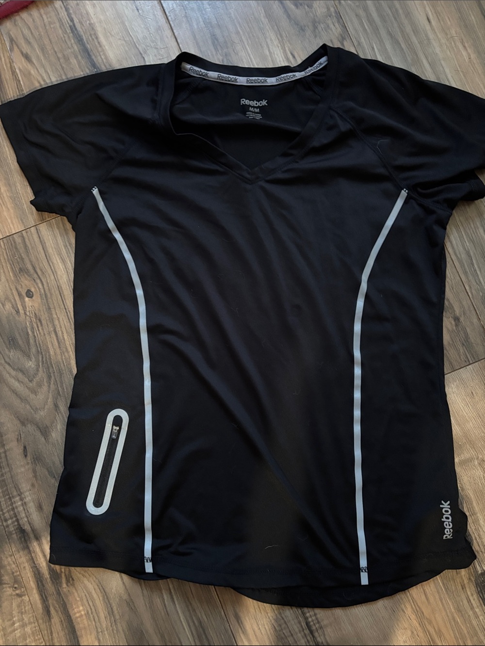 Reebok Black Athletic V-Neck Tee with Silver Reflective Piping